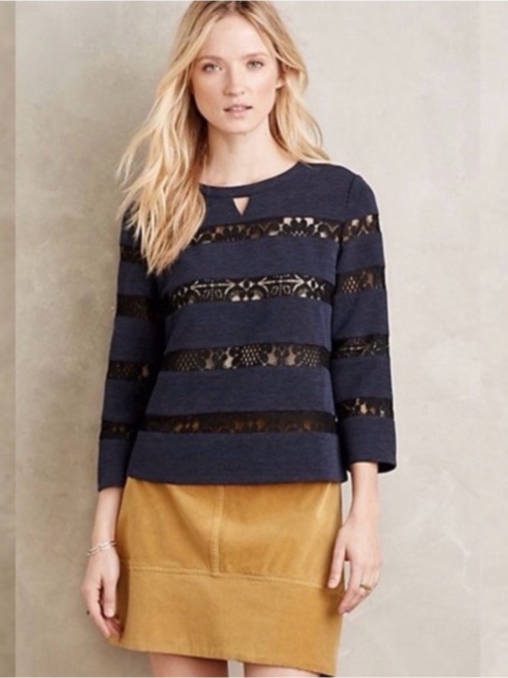 Anthropologie Harlyn Navy Black Lace-Stripe Women's Long-Sleeve Top S